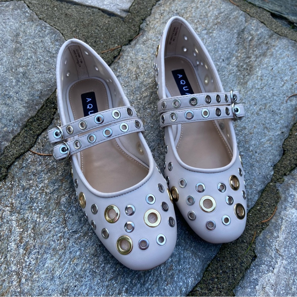 Aqua studded hardware flats, beige silver and gold